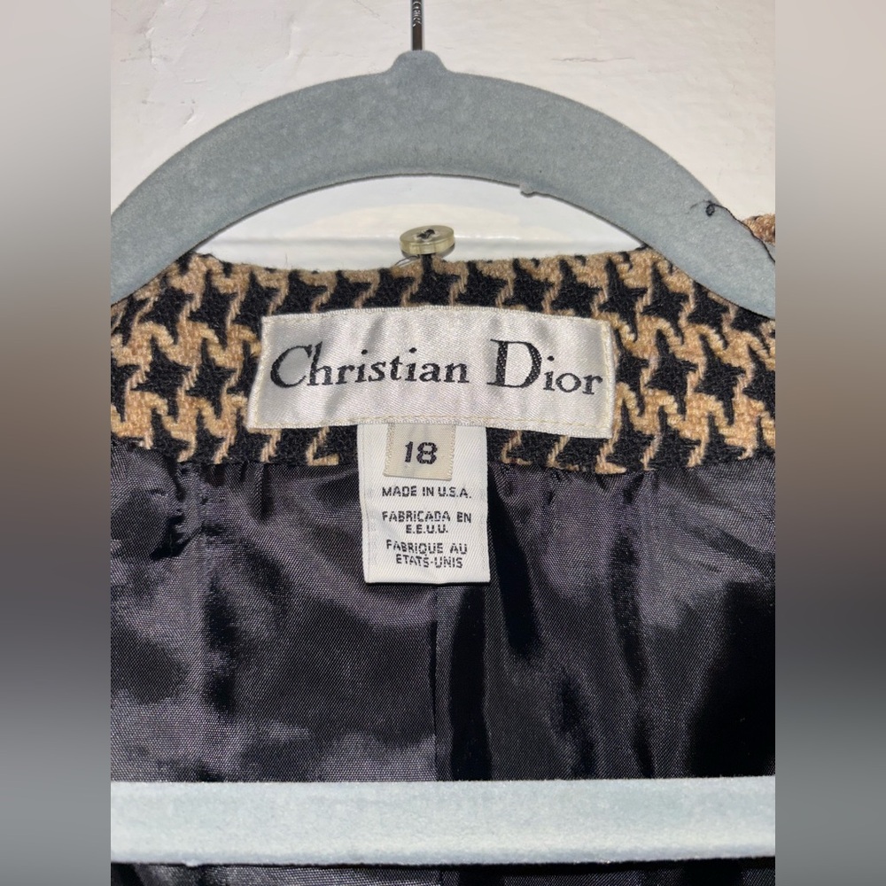 VTG 80s Christian Dior Womens Houndstooth Wool Blazer Jacket Career Black Sz 18 - Picture 3 of 10